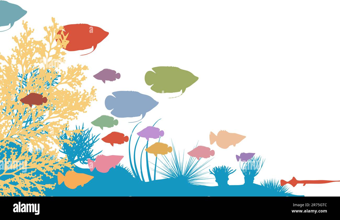 Vector illustration of colorful fish and coral silhouettes Stock Vector