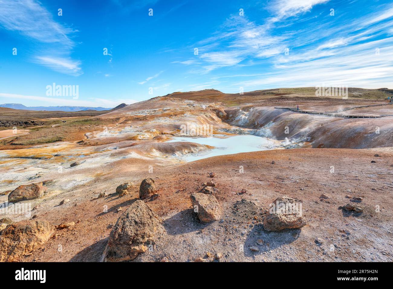 Breathtaking landscape of Acid hot lake with turquoise water in the geothermal valley Leirhnjukur. Location: valley Leirhnjukur, Myvatn region, North Stock Photo