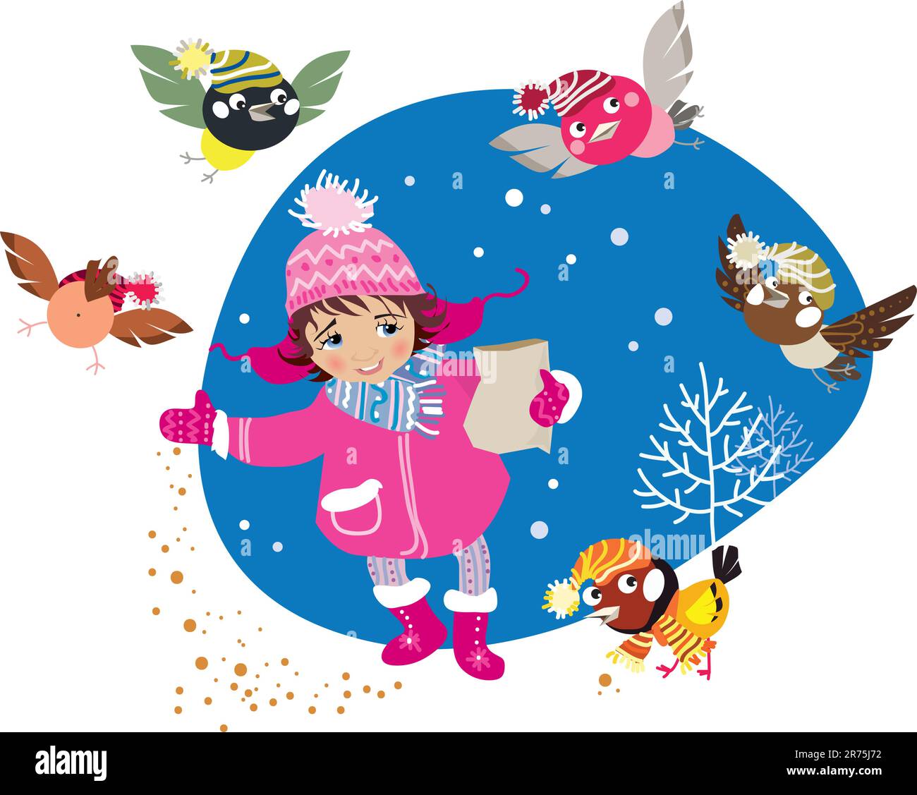 Vector illustration of a girl feeding funny birds Stock Vector Image