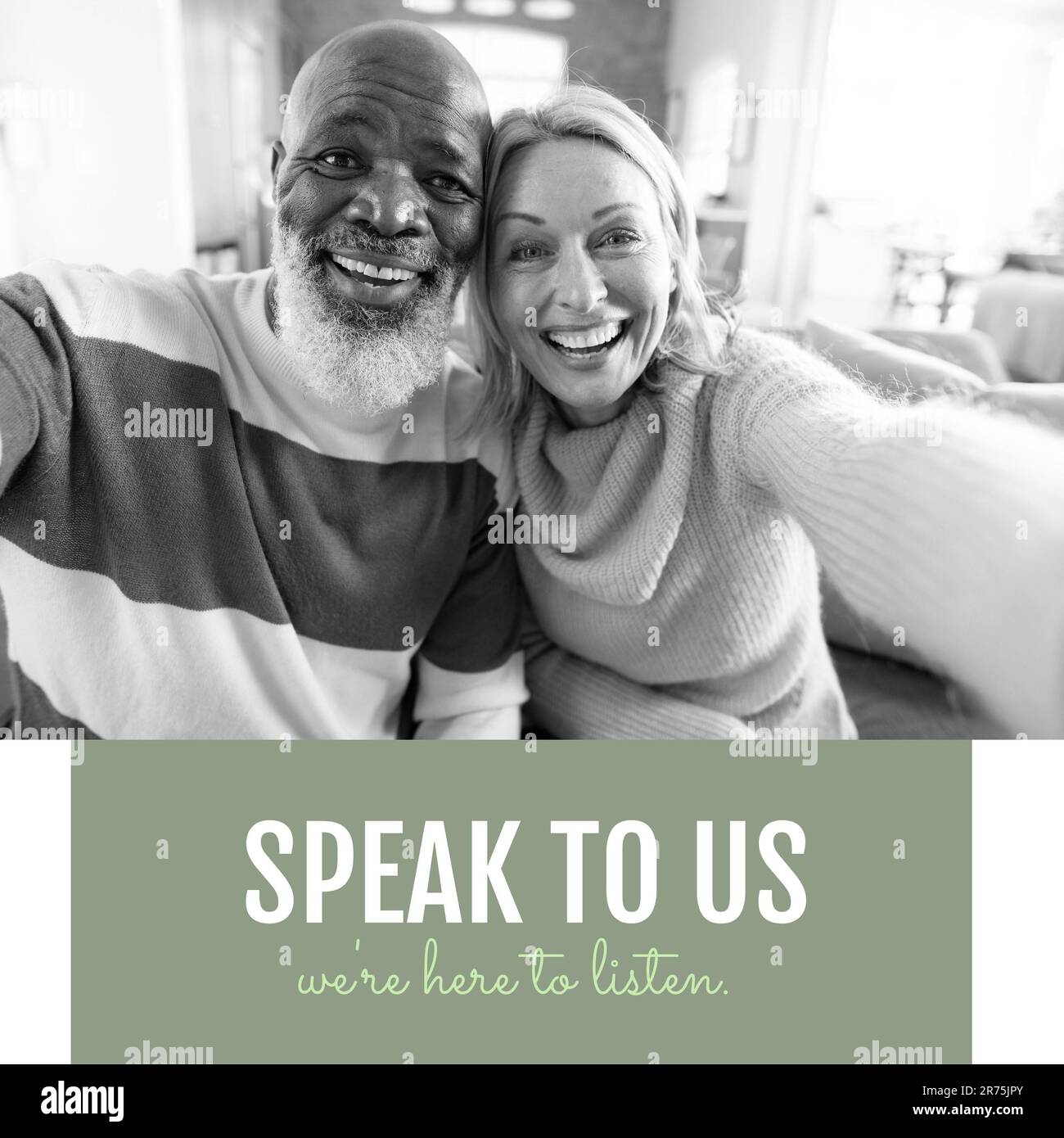 Composition of speak to us we're here to listen text and smiling diverse couple Stock Photo