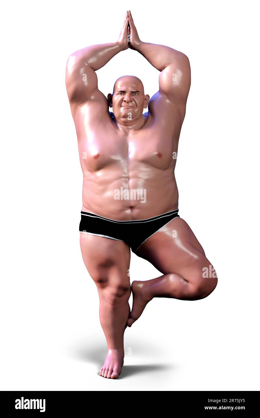 Yoga for overweight people, computer illustration showing an obese man in Tree yoga pose, or Vrikshasana. Recovery and prevention of COVID-19. Respira Stock Photo