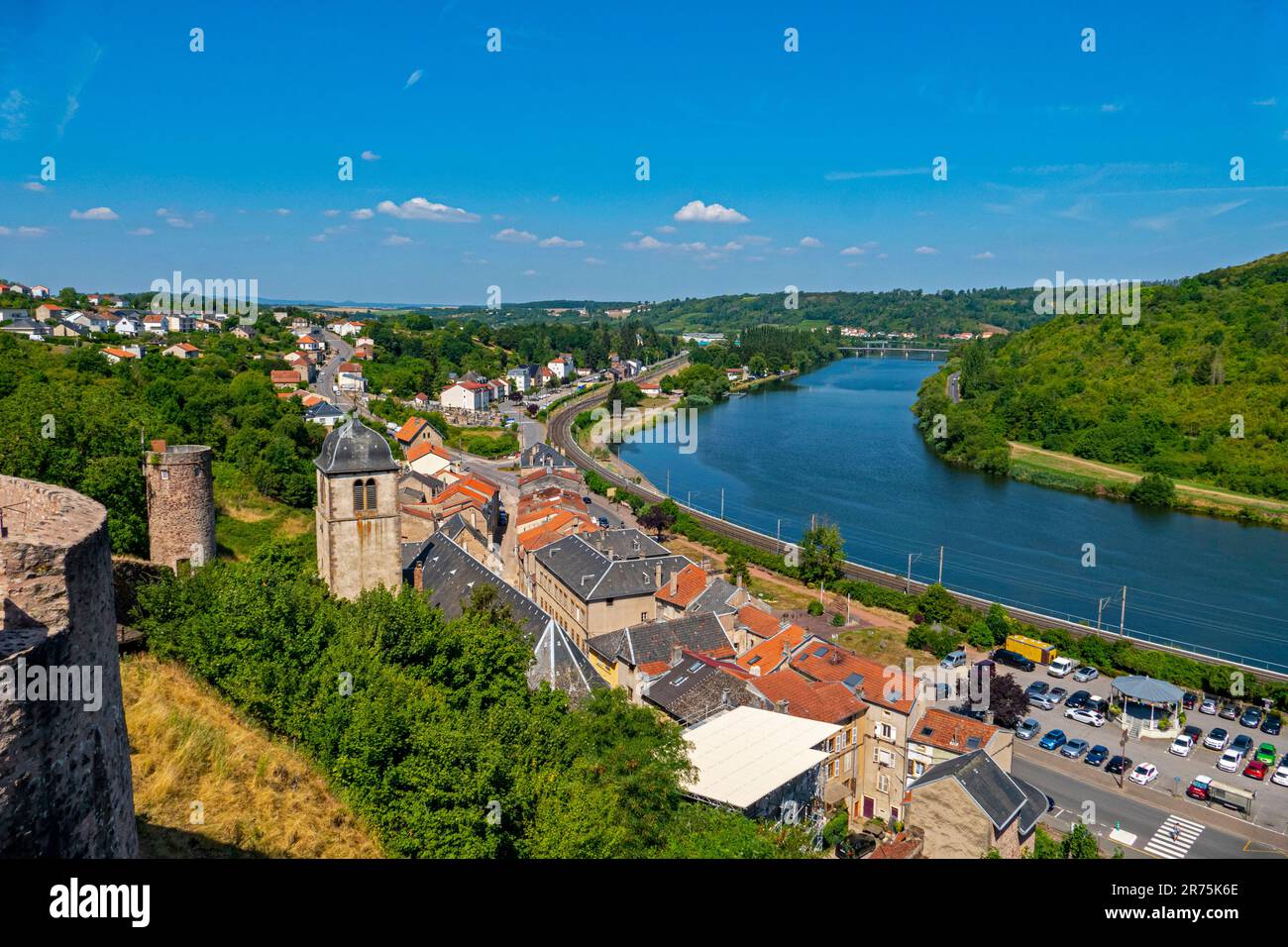 View from Sierck Castle over Sierck-les-Bains and the Moselle, Moselle, Lorraine, France, Sierck-les-Bains, Moselle Valley, Moselle, Grand Est, Alsace-Champagne-Ardenne-Lorraine, France Stock Photo