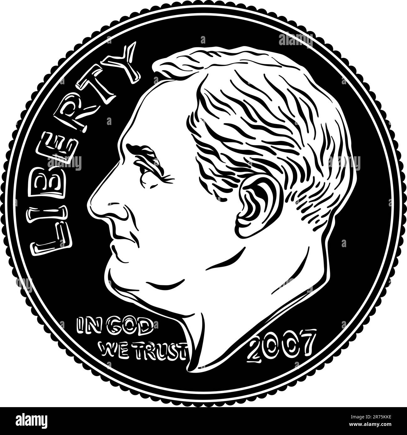 American money Roosevelt dime, United States one dime or 10-cent silver coin with President Franklin D Roosevelt on obverse. Black and white image Stock Vector