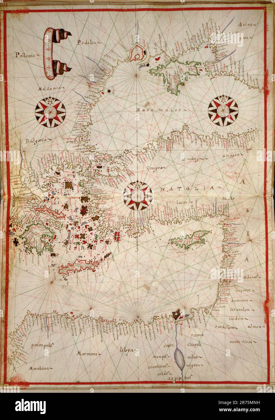 Portolan atlas of Eastern Mediterranean Portolan atlas of  Western Europe and the British Isles  1590 - Pen-and-ink and watercolor on vellum. Stock Photo
