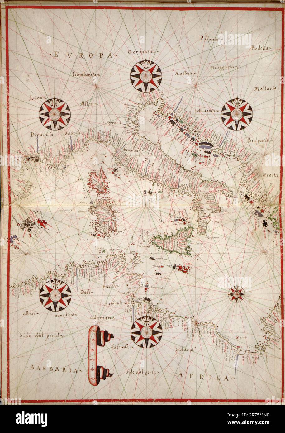 Portolan atlas of Central Mediterranean Portolan atlas of  Western Europe and the British Isles   1590  Pen-and-ink and watercolor on vellum. Stock Photo