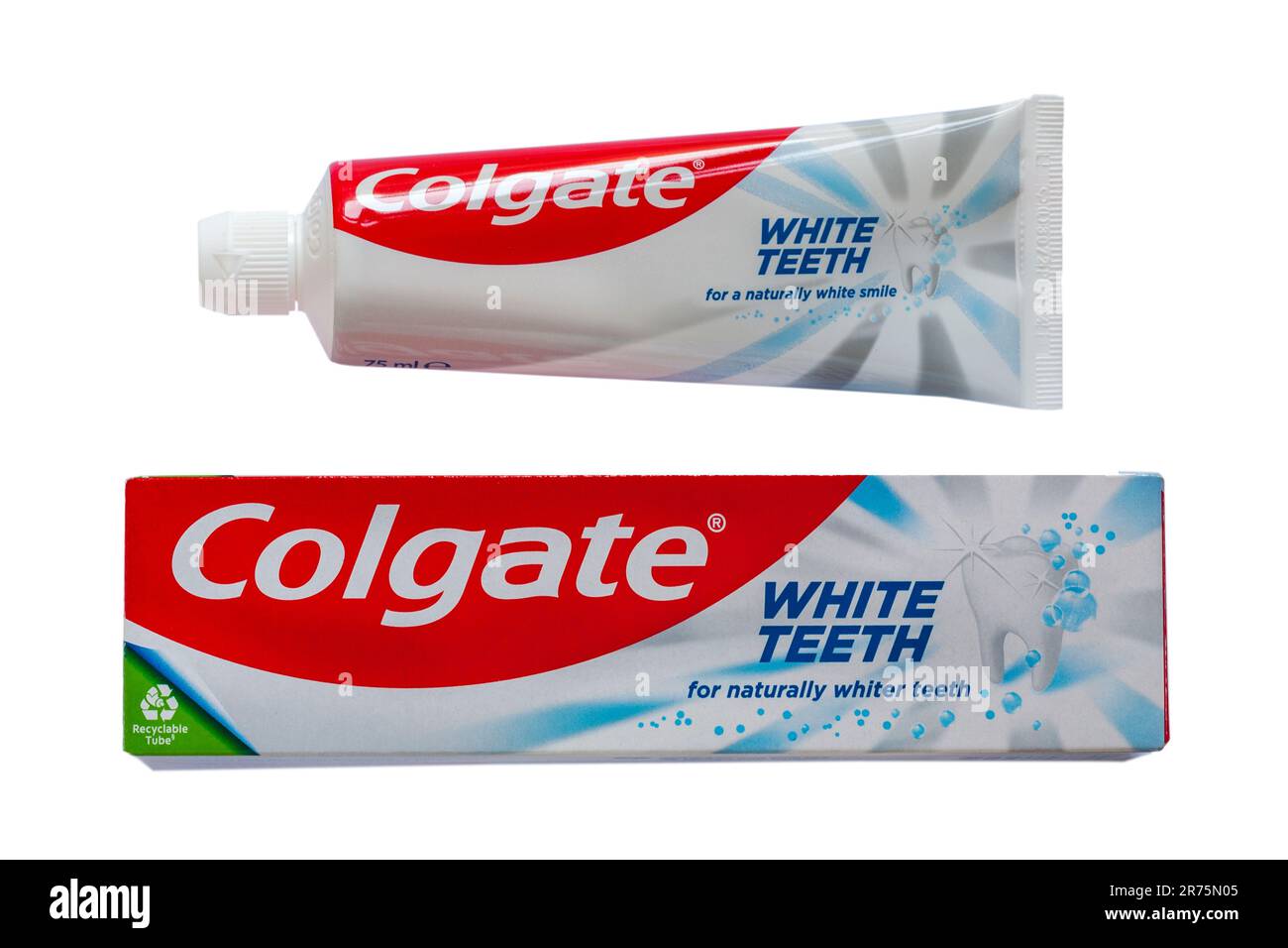 Box and tube of Colgate White Teeth toothpaste for naturally whiter
