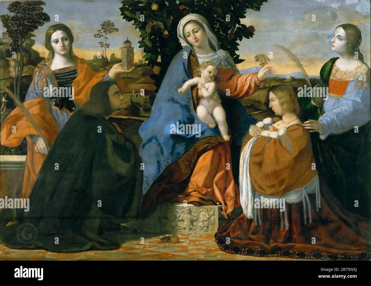 Palma Il Vecchio – Madonna and Child with Saint Barbara, Saint Justina, and Two Donors  1500-10. Stock Photo