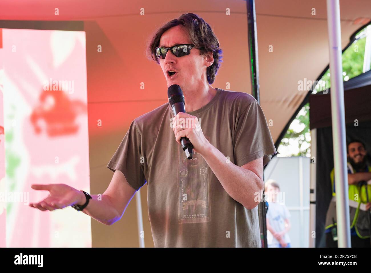 Ed Byrne performing at the Cambridge Club Festival, 2023, Childerley Orchard. June 11, 2023, Cambridge, England. Stock Photo