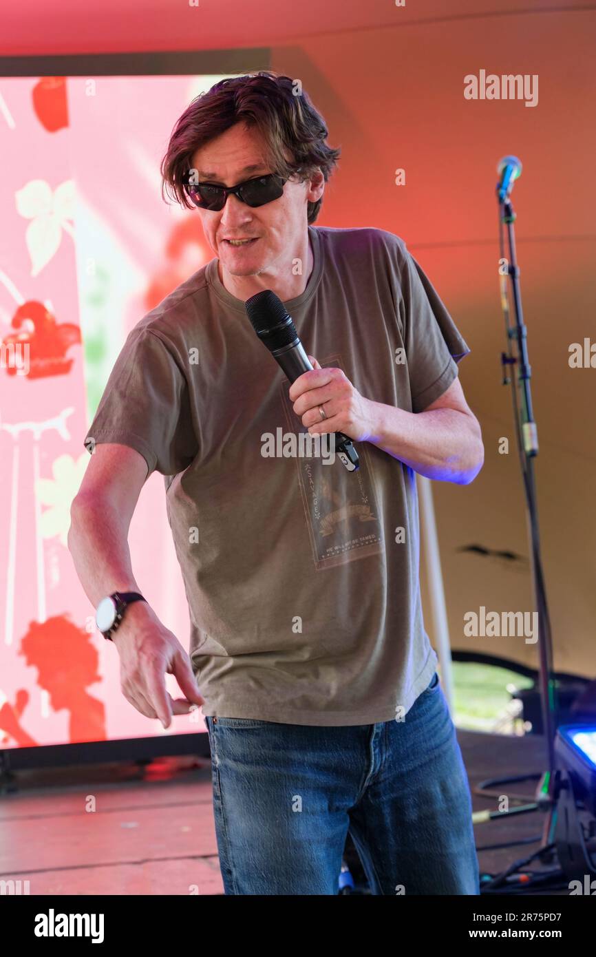 Ed Byrne performing at the Cambridge Club Festival, 2023, Childerley Orchard. June 11, 2023, Cambridge, England. Stock Photo
