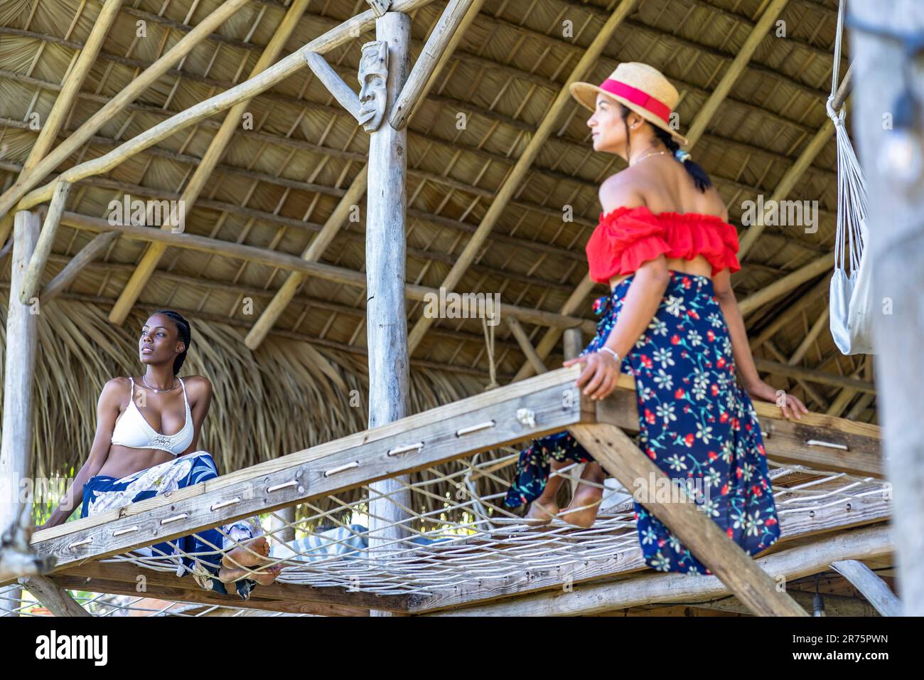 North America, Caribbean, Greater Antilles, Hispaniola Island, Dominican Republic, Sama Province, Sama Peninsula, El Limón, Sama Eco Lodge, Two friends sitting on a hammock in front of a bungalow Stock Photo