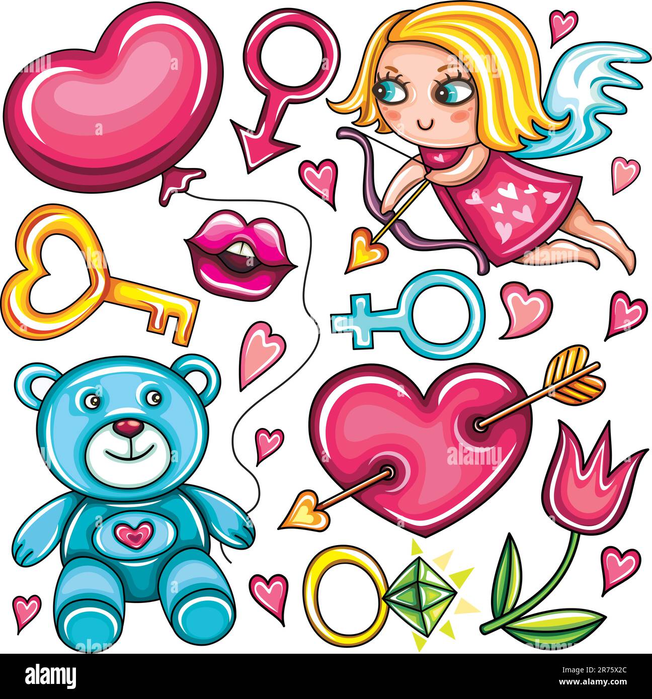 Decorative valentine elements:cute cupid shooting arrow, key to the heart,  teddybear, heart with arrow through,   female and male gender signs, di... Stock Vector