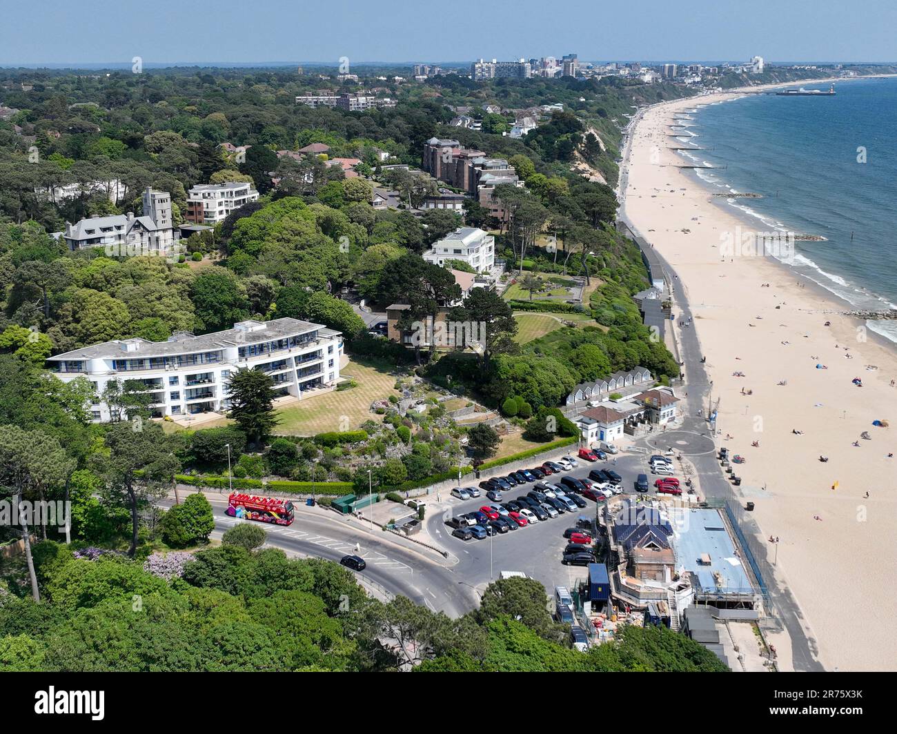 An aerial view of Branksome Chine and Bournemouth beach on a bright sunny day Stock Photo