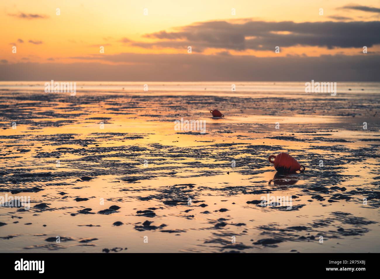 Setting sun on the beach of the North Sea at low tide, in the foreground red buoys Stock Photo
