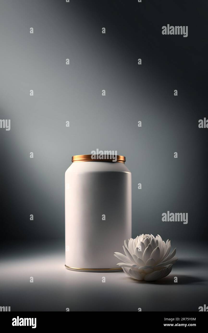 An elegant white jar with a golden lid is displayed on a dark surface ...