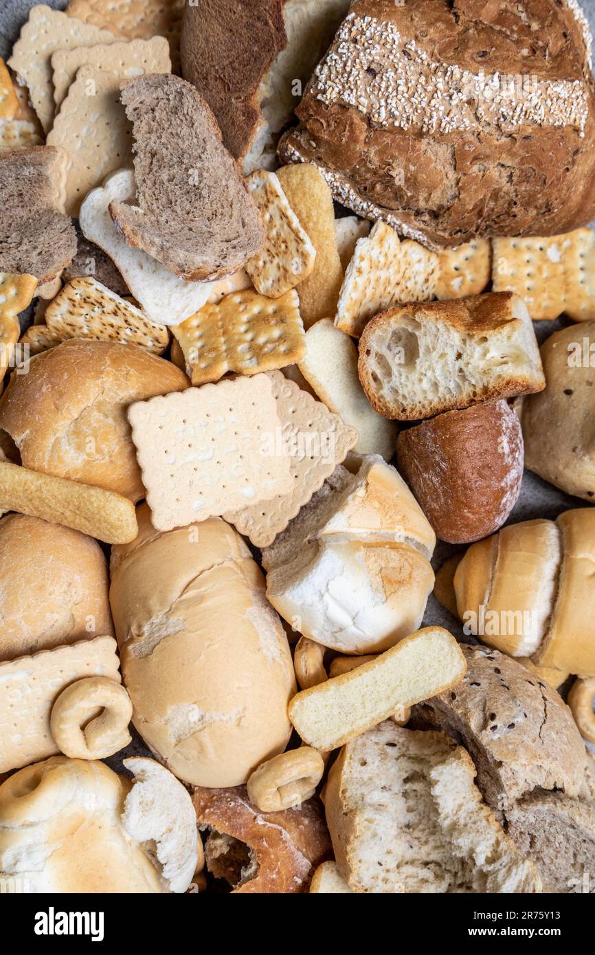 Italy, large amount of stale bread in different formats, food waste