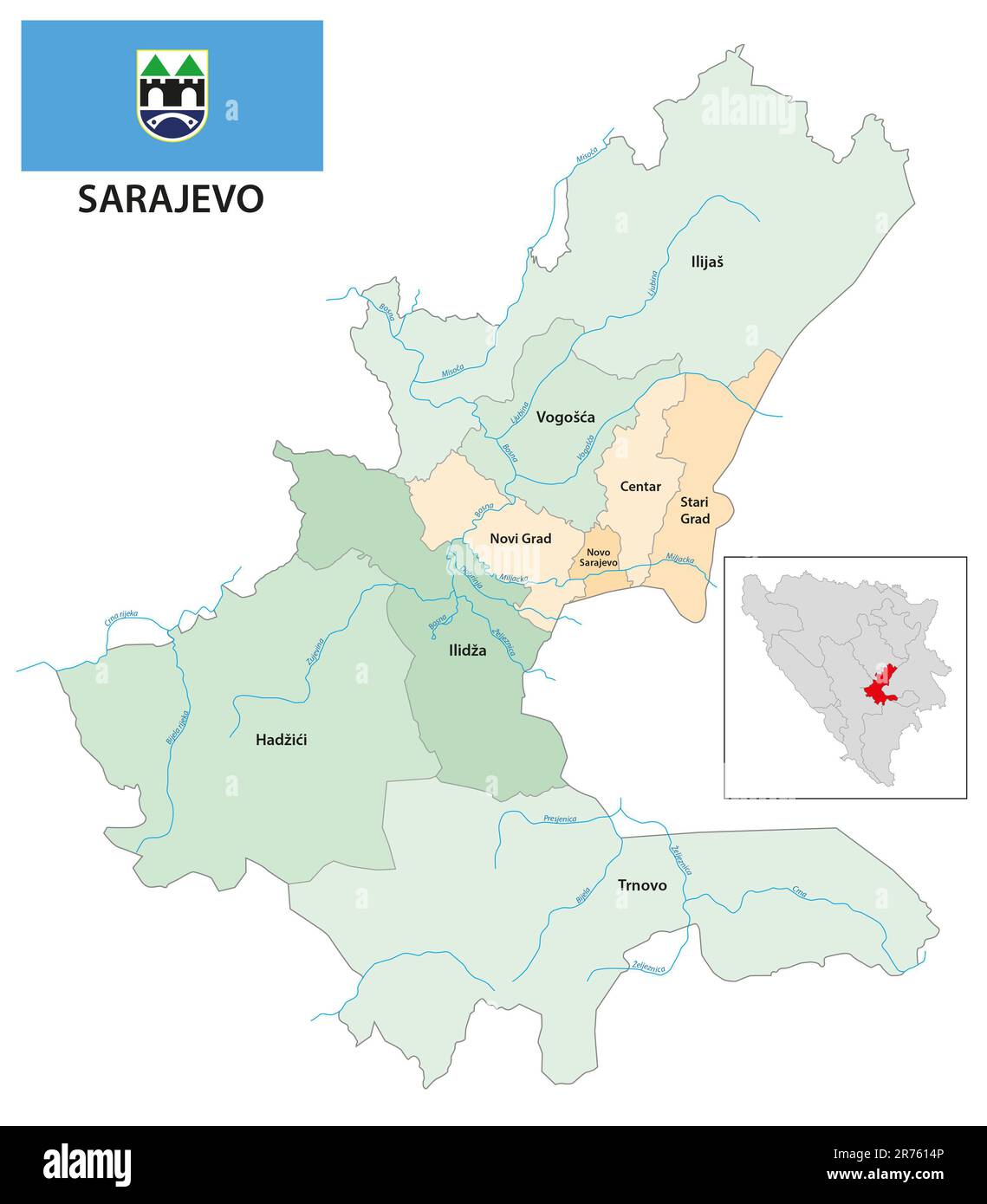 Administrative vector map of Sarajevo canton and city, Bosnia and Herzegovina Stock Photo