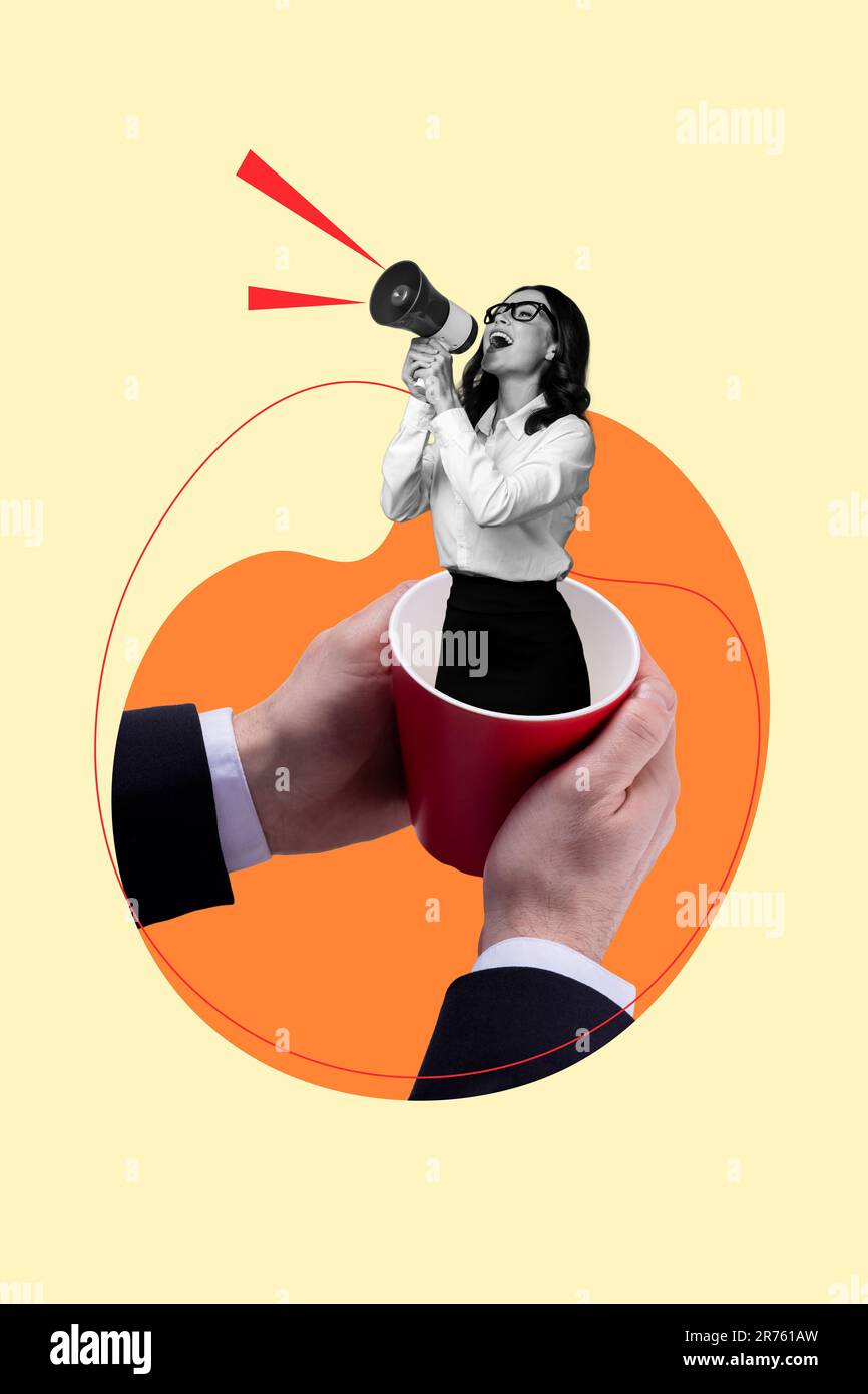 Vertical Collage Picture Artwork Image Of Excited Cheerful Woman Inside Cup Announcing News 1428