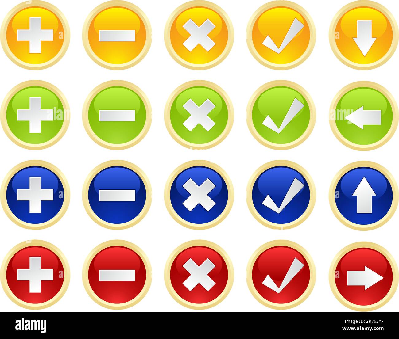 Set buttons: add, exclude, check, delete, accept, arrows. Stock Vector