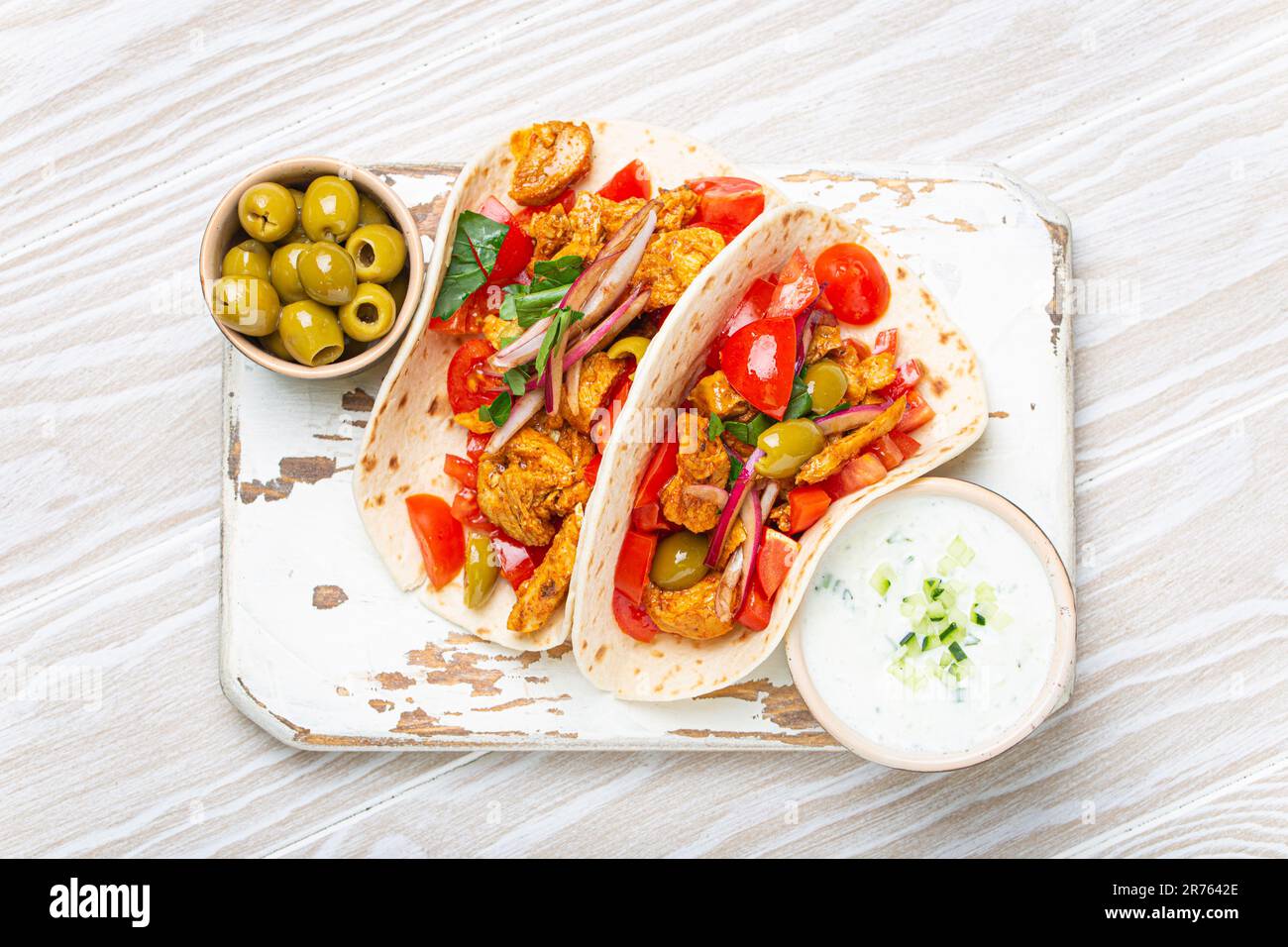 Traditional Greek Dish Gyros Pita bread Wraps with vegetables, meat