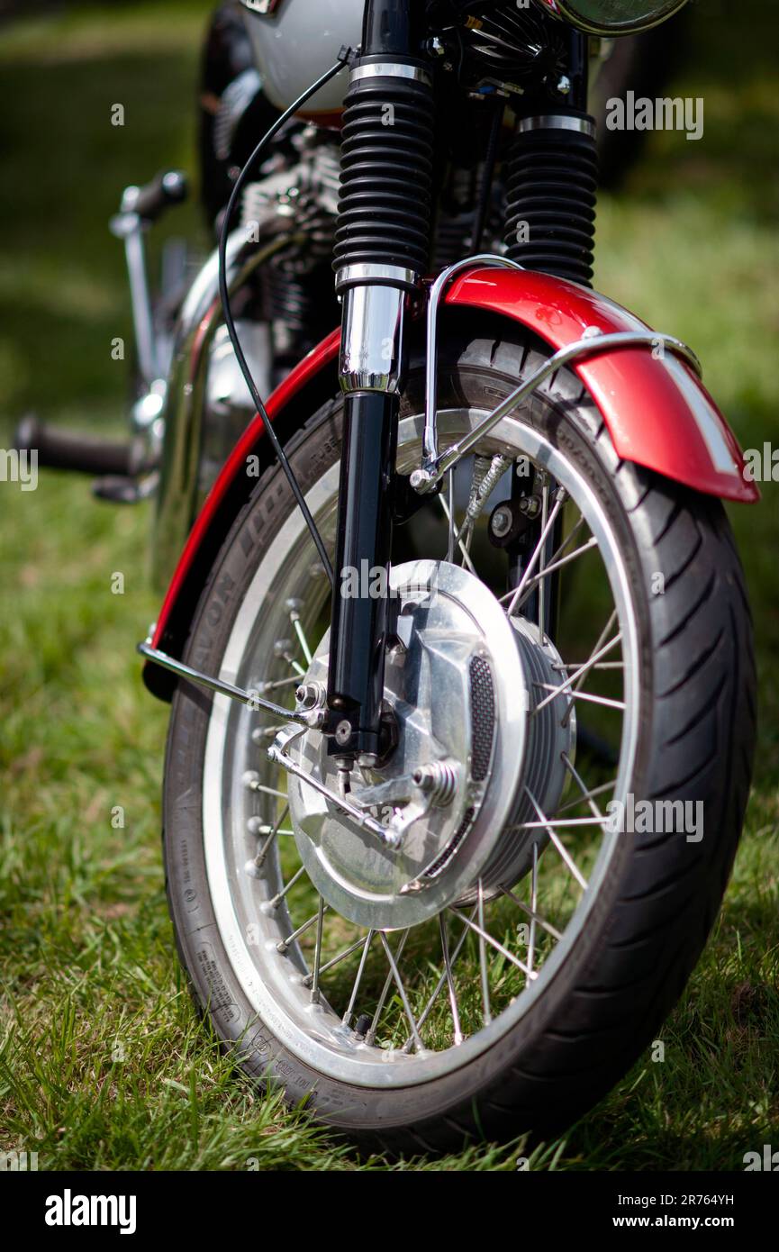 front wheel, forks and brake drum of classic motorcycle Stock Photo Alamy