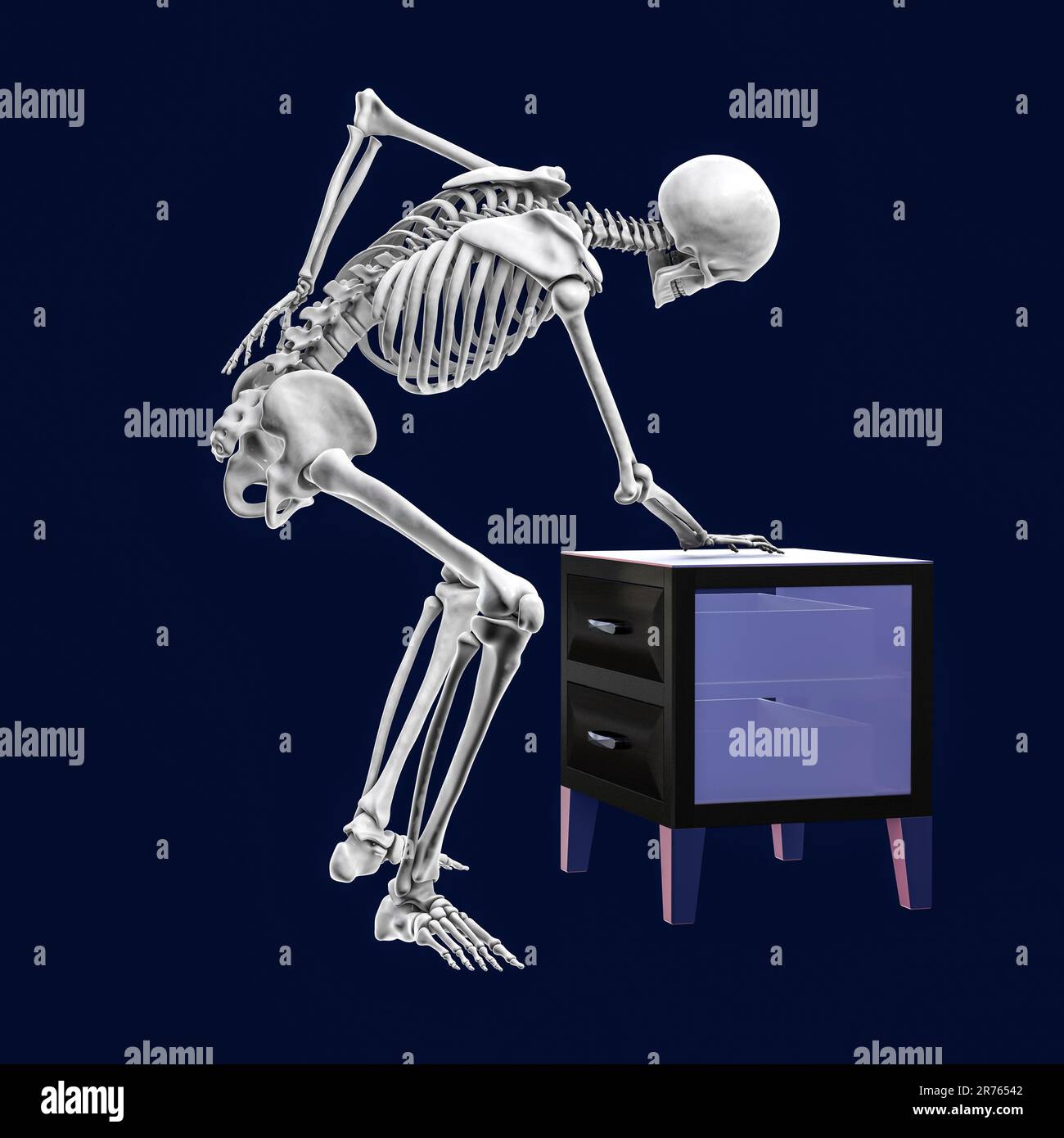 Back pain. Conceptual computer artwork of a human skeleton holding a