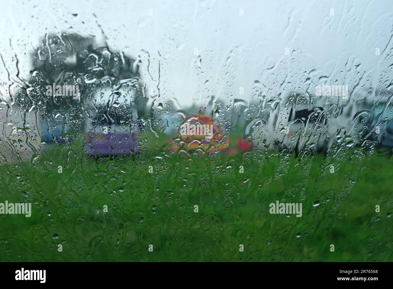 The view from a van on a rainy camping holiday. Stock Photo