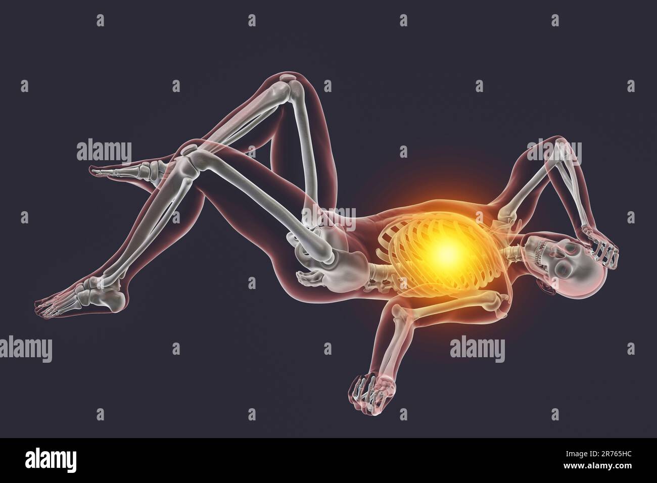 Human male body with skeleton in a bad feeling unconsciousness position ...
