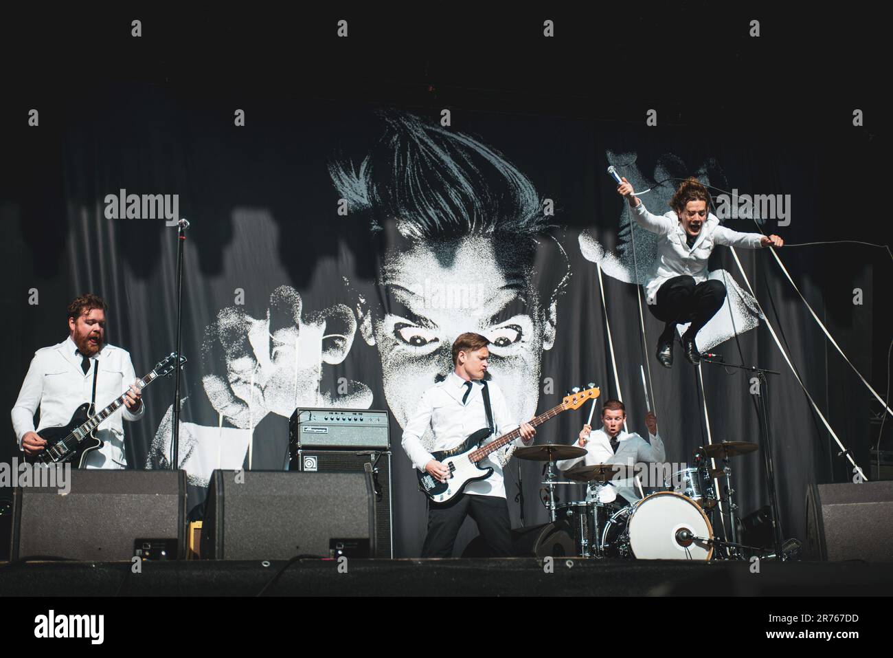 MUNICH, GERMANY ROCKAVARIA FESTIVAL: The Swedish band The Hives performing live on stage at the first edition of the Rockavaria Festival. Stock Photo