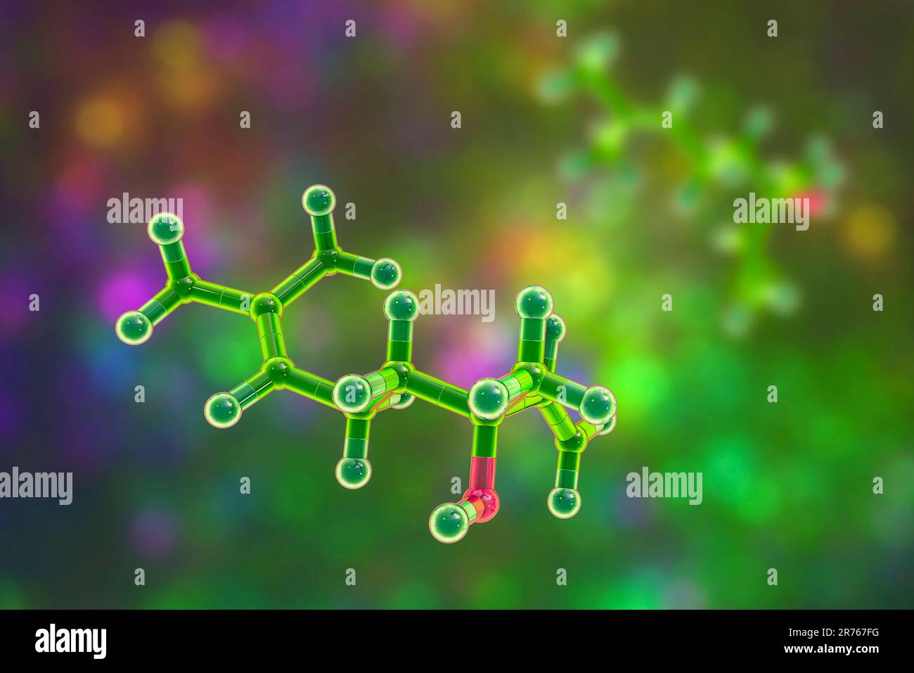 Linalool molecule, computer illustration. Naturally occurring organic compound found in essential oils of lavender, rose, basil, tea tree, coriander, Stock Photo
