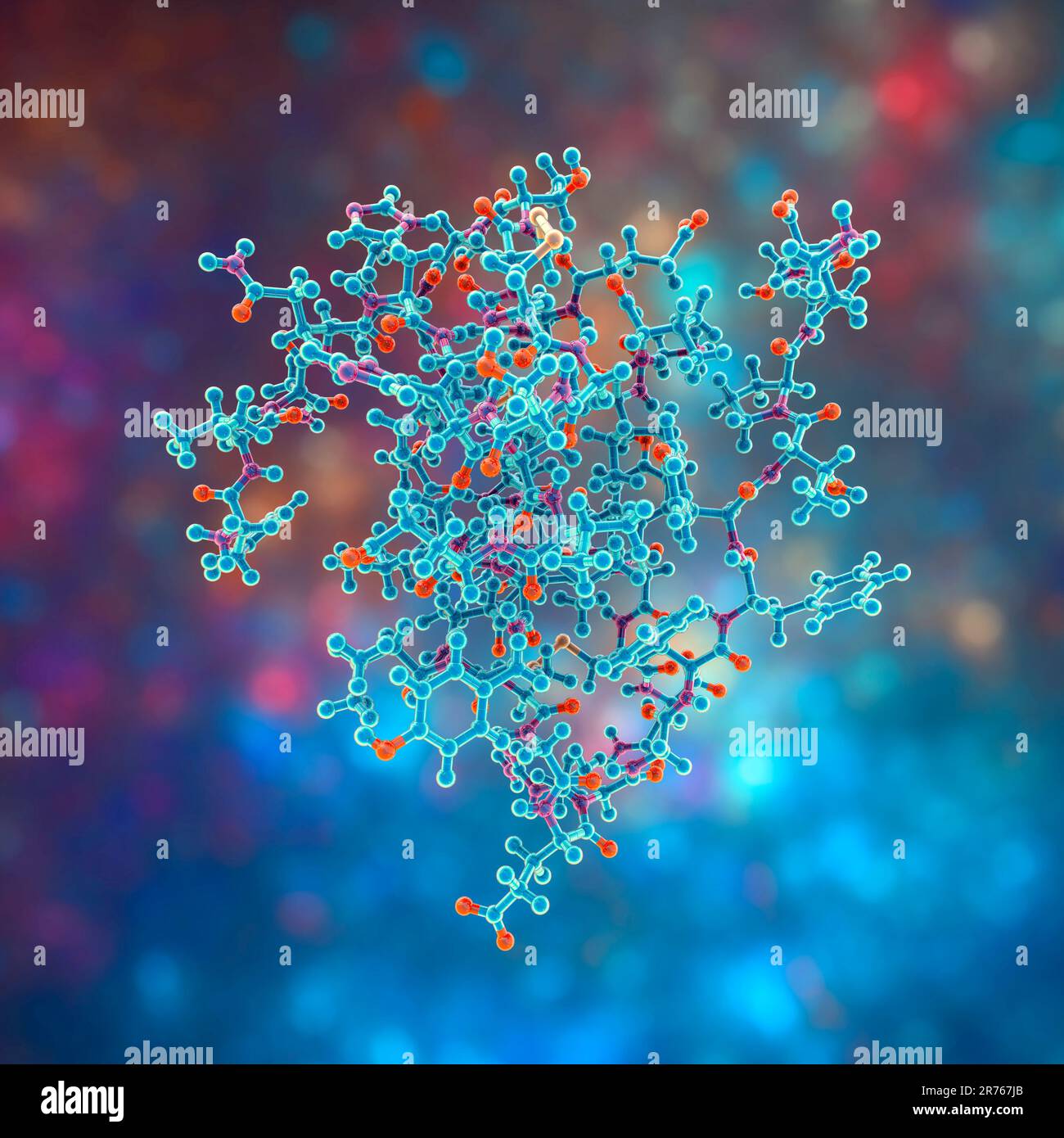 Insulin molecule. Computer model showing the structure of a molecule of ...