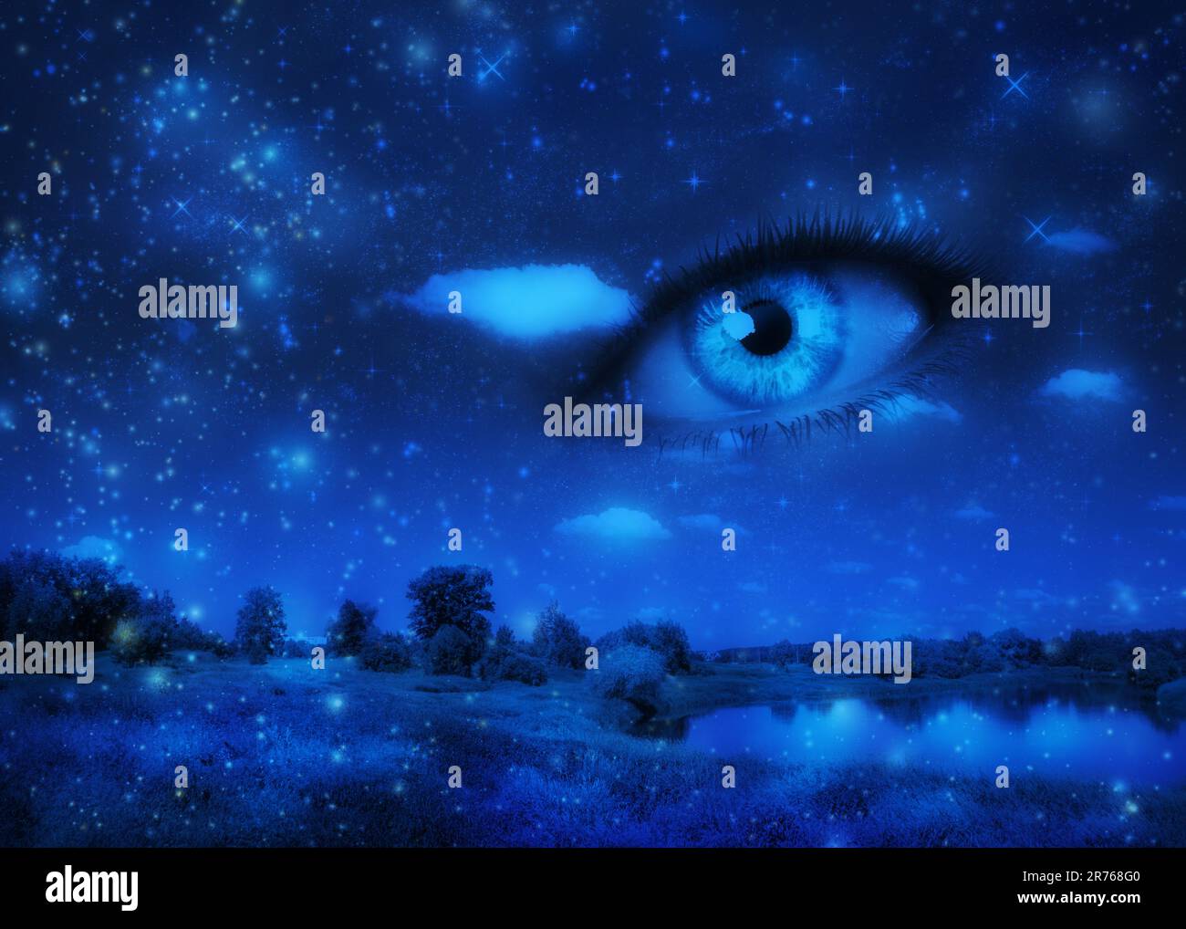 Surreal night landscape with 3D human eye in the sky, abstract illustration. Stock Photo