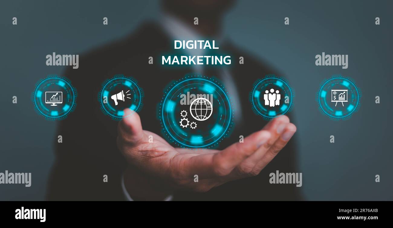 Hand shows the sign and icon of Digital marketing internet advertising ...