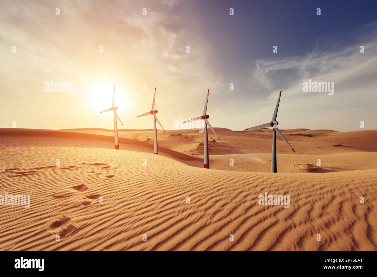 3D rendering of model of wind turbines in a desert and summer landscape ...