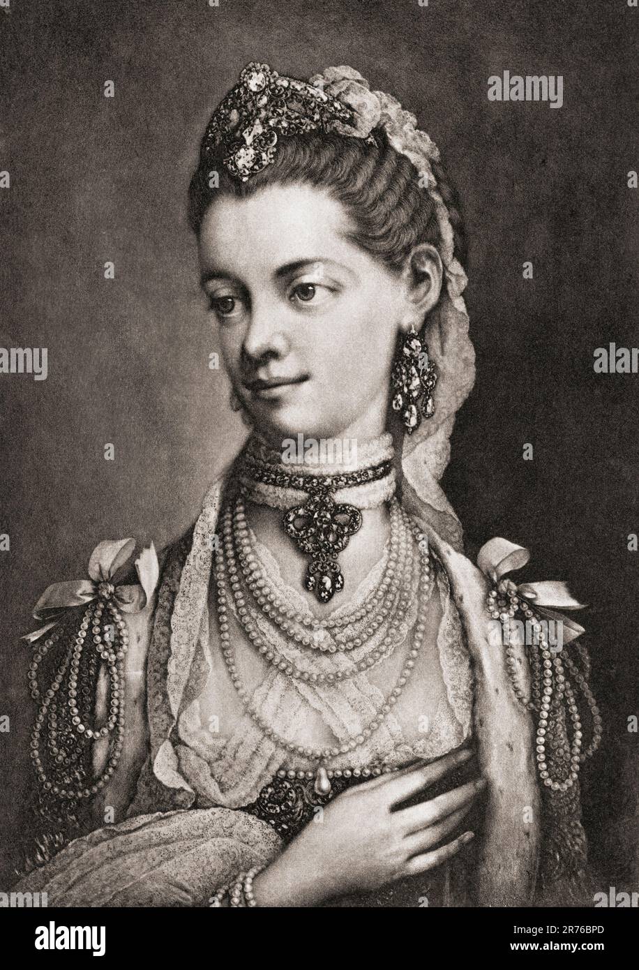 Charlotte of Mecklenburg-Strelitz, 1744 – 1818.  Queen of Great Britain and Ireland as the wife of King George III.  From Mezzotints, published 1904. Stock Photo
