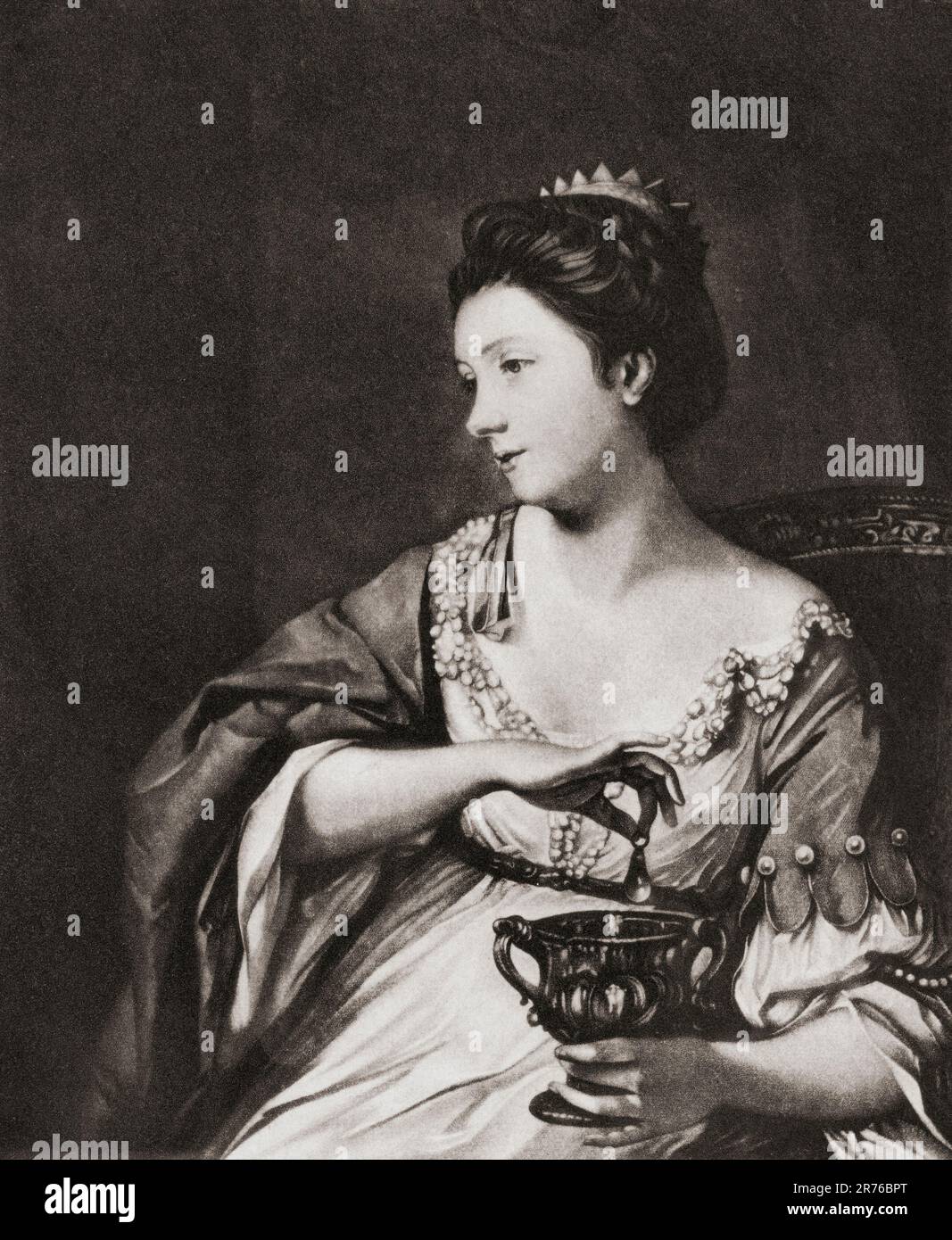 Catherine Maria Fischer, 1741 – 1767, aka Kitty Fisher.  Prominent British courtesan.  After the portrait by Joshua Reynolds, Cleopatra Dissolving the Pearl.  From Mezzotints, published 1904. Stock Photo