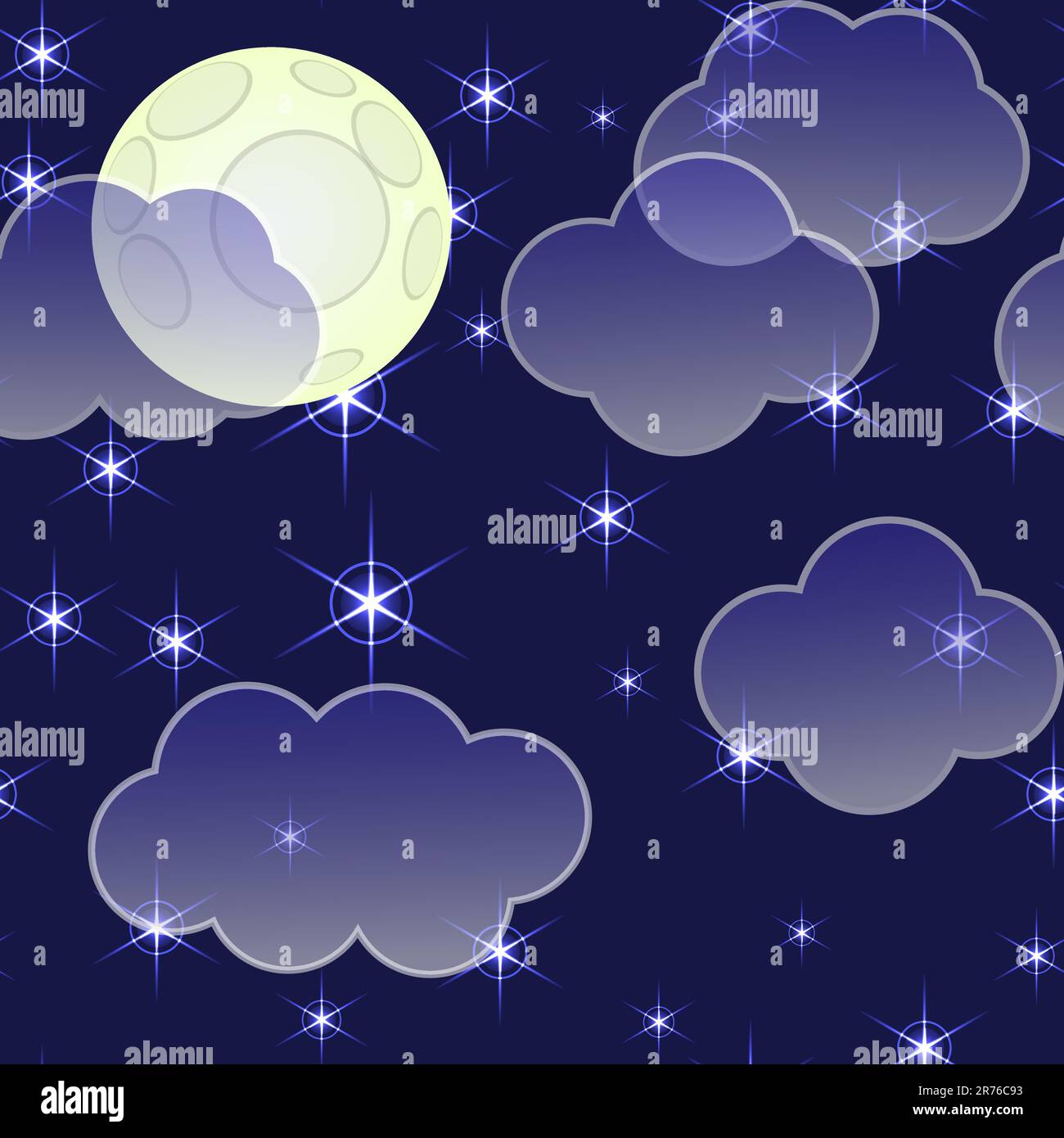 Abstract night sky background with clouds, moon and stars. Seamless pattern. Vector illustration. EPS-10. Stock Vector