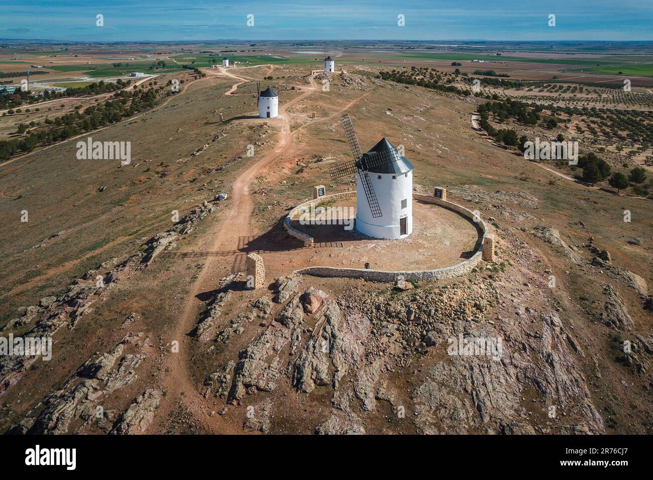 Aerial view of the group of old historic windmills on the hill of Herencia, Consuegra, Spain Stock Photo