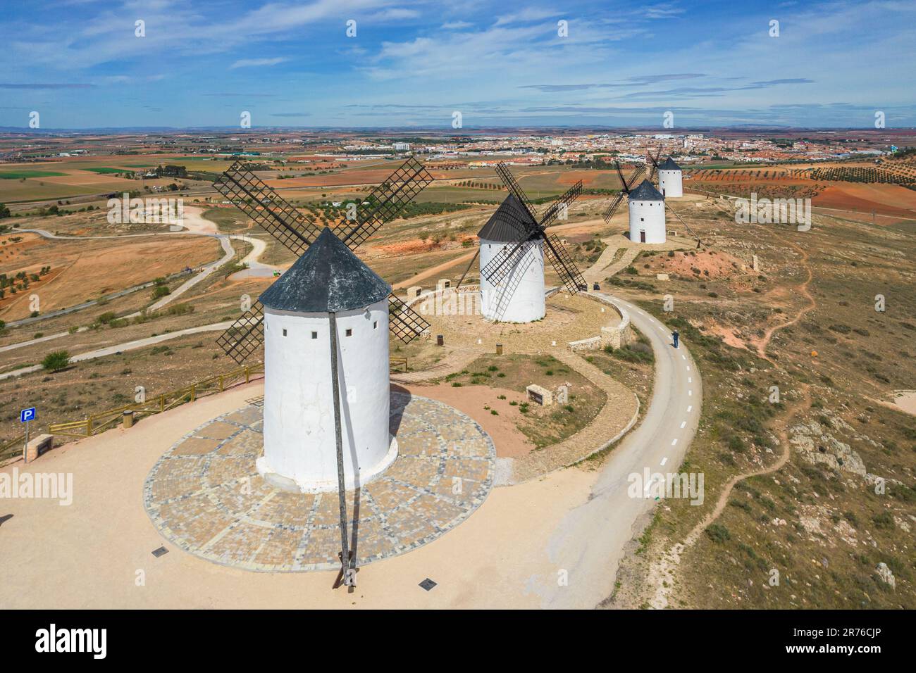 Aerial view of the old historic windmills on the hill of Alcazar de San Juan, Molinos de Viento, Consuegra, Spain Stock Photo
