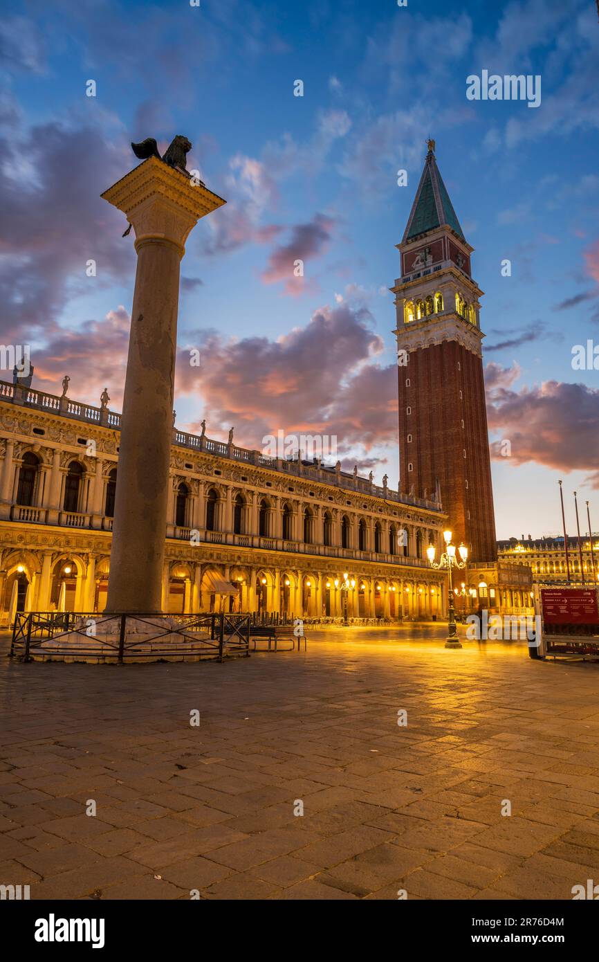 St. Mark's Campanile at sunset, Venice, Veneto, Italy Stock Photo