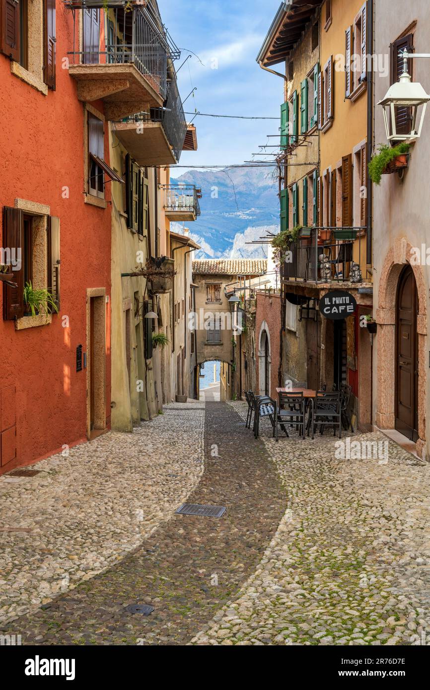 Scenic cobbled street, Malcesine, Lake Garda, Veneto, Italy Stock Photo