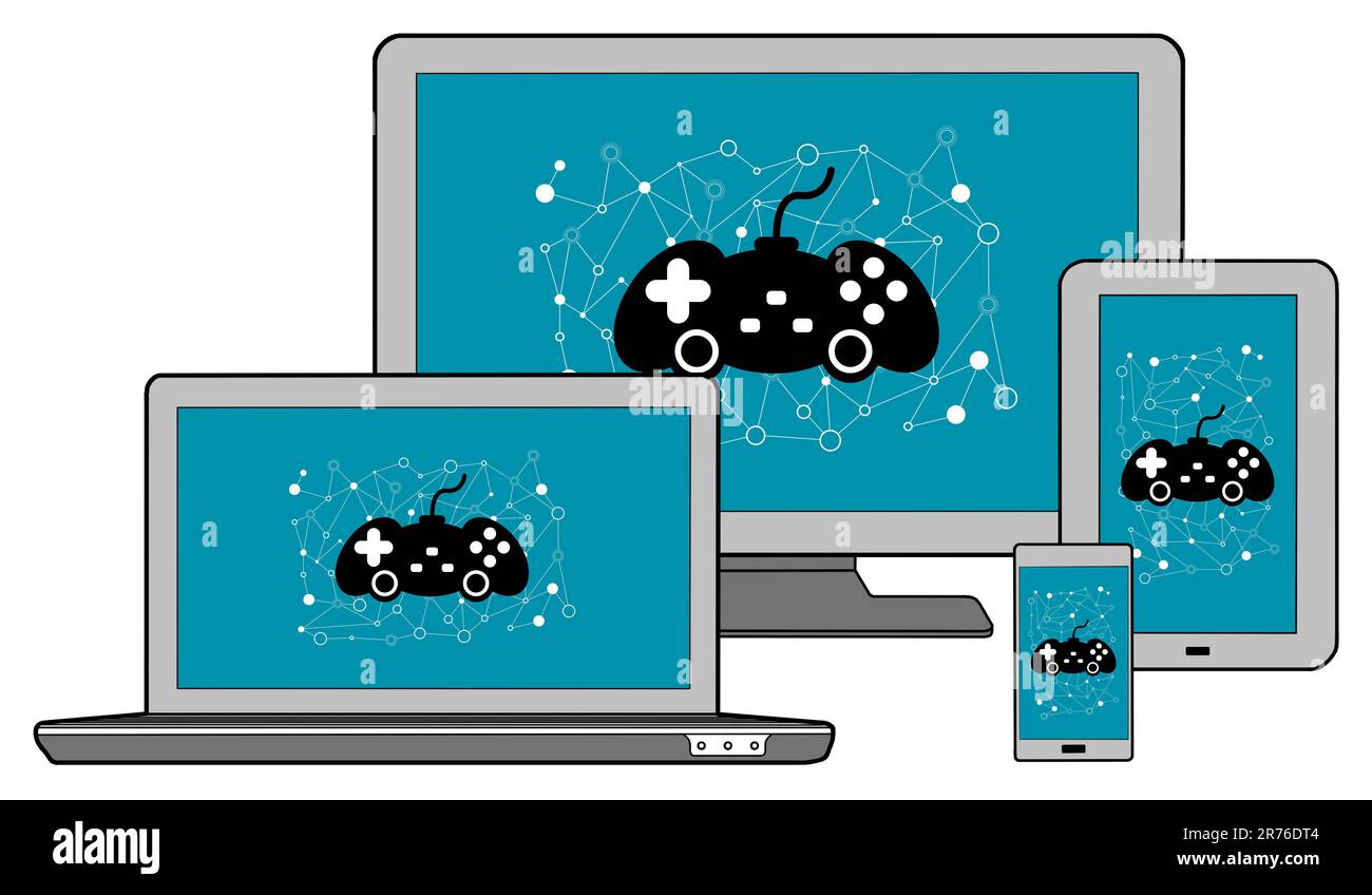 Online gaming concept shown on different information technology devices Stock Photo