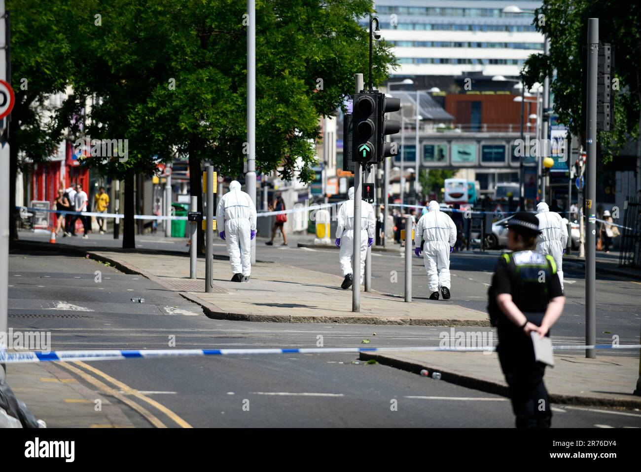 Forensic police officers searched the local area. Nottingham van attack: Three people dead and a man arrested after 'major incident' at Nottingham City, Nottingham, United Kingdom, 13th June 2023  (Photo by Lisa Harding/News Images) Stock Photo