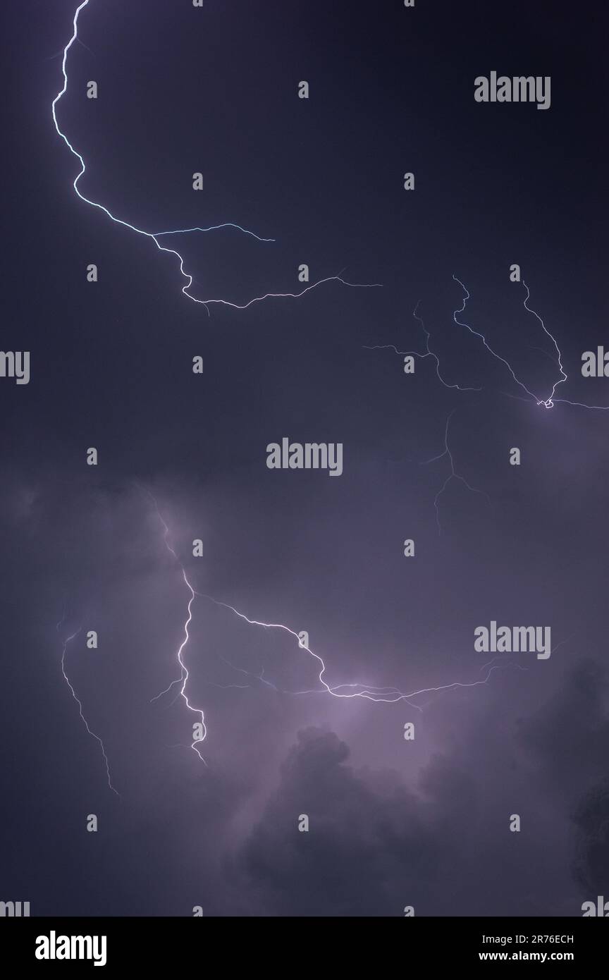 A dramatic and powerful purple lightning bolt illuminating a dark night ...