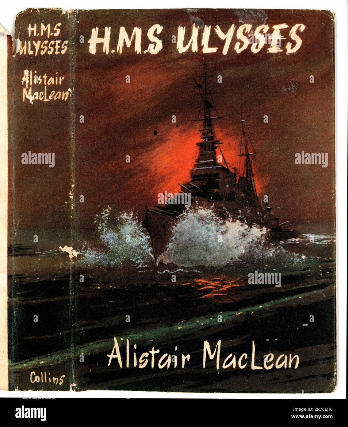 H.M.S. Ulysses by Scottish author, Alistair Maclean, published in 1955, the original mid-century illustrated 1950's book cover, illustrated by John Rose. The book tells the story of the  difficult challenges faced by the Arctic convoys to Russia during World War II. Stock Photo