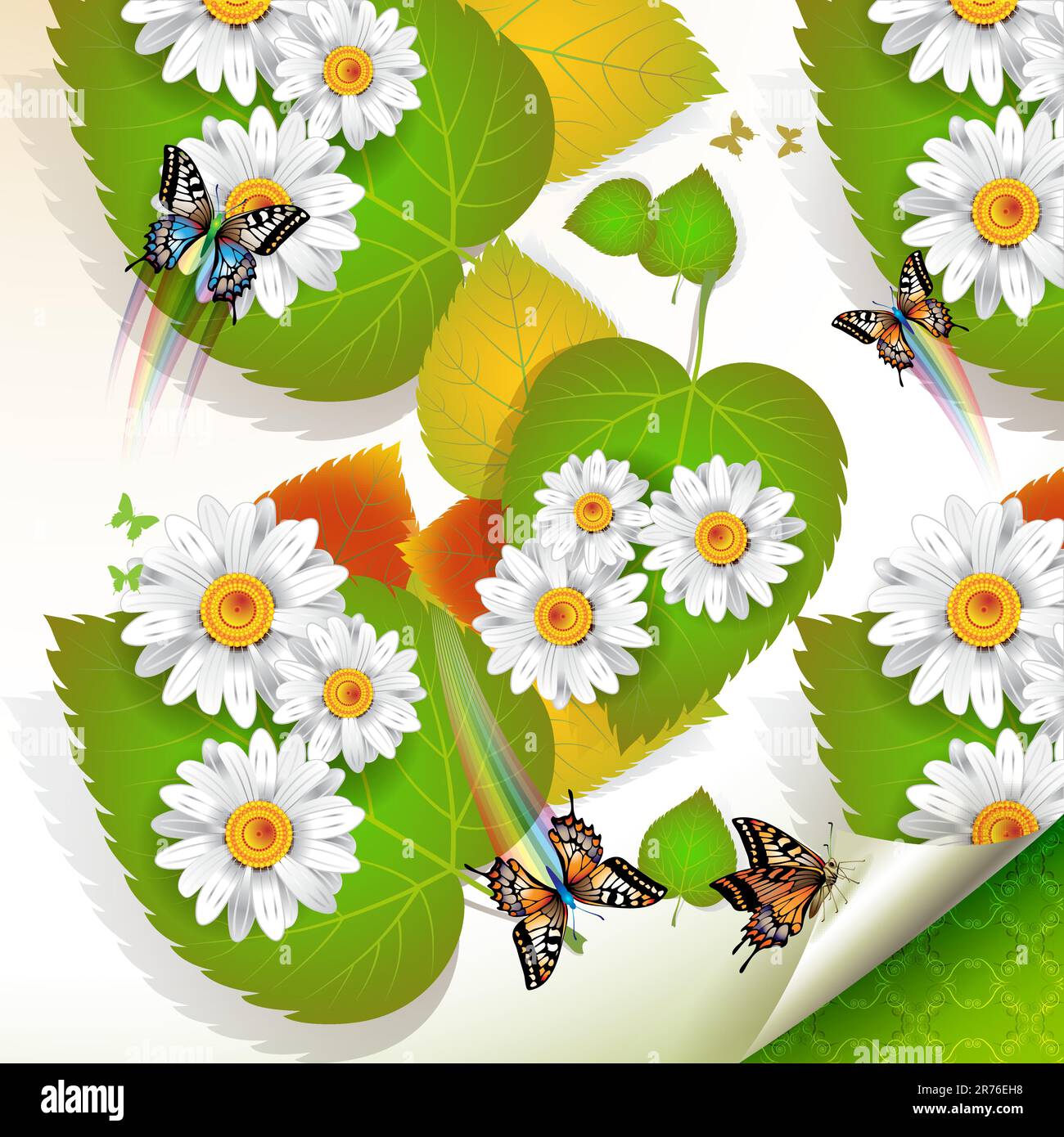 Flowers over leaves and butterflies, vector background Stock Vector