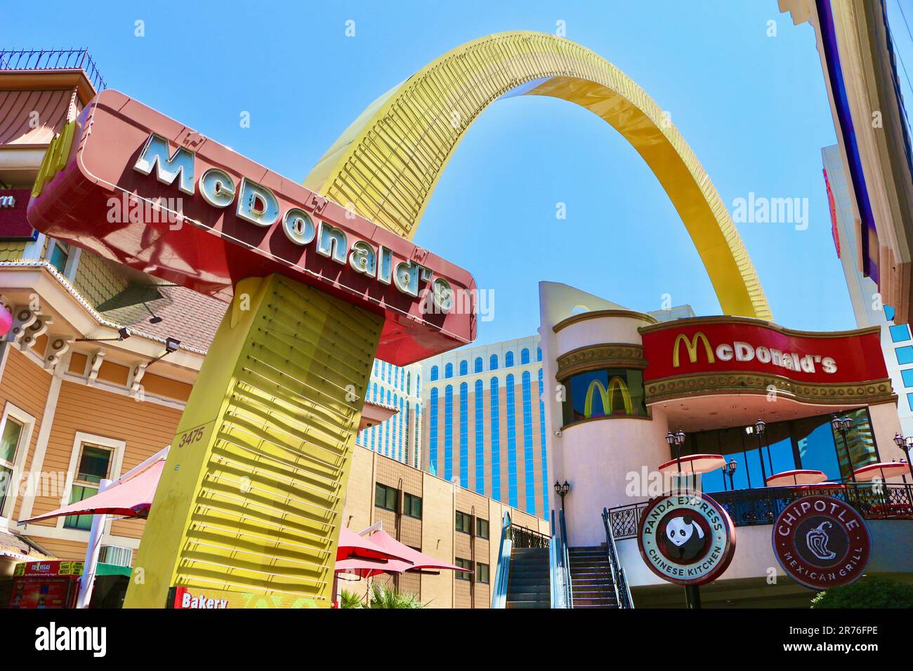 McDonalds Panda Express Chinese kitchen and Chipotle Mexican grill food signs on Las Vegas strip Las Vegas Nevada USA Stock Photo