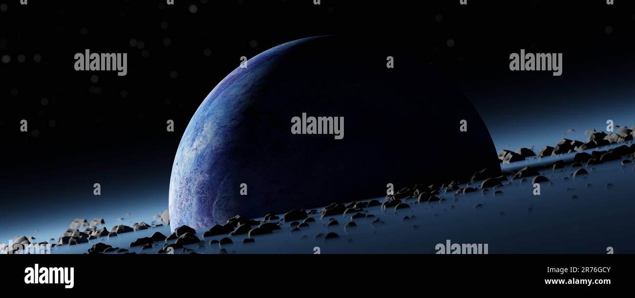 Panorama Planet Pandora surrounded asteroid belt, rings wreckage of ...