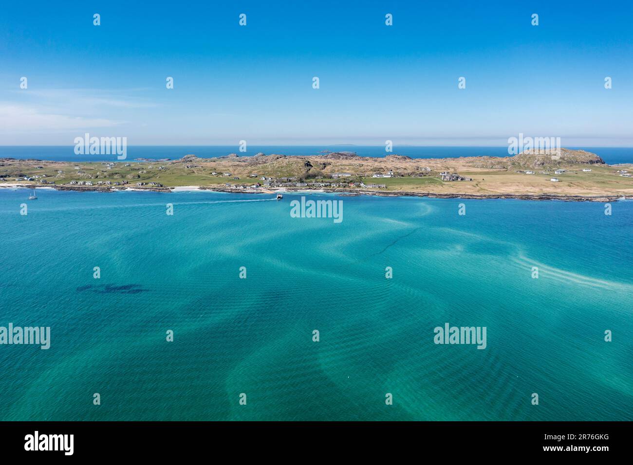 Aerial view, strait between Fionnphort and Iona island, ferry to Iona