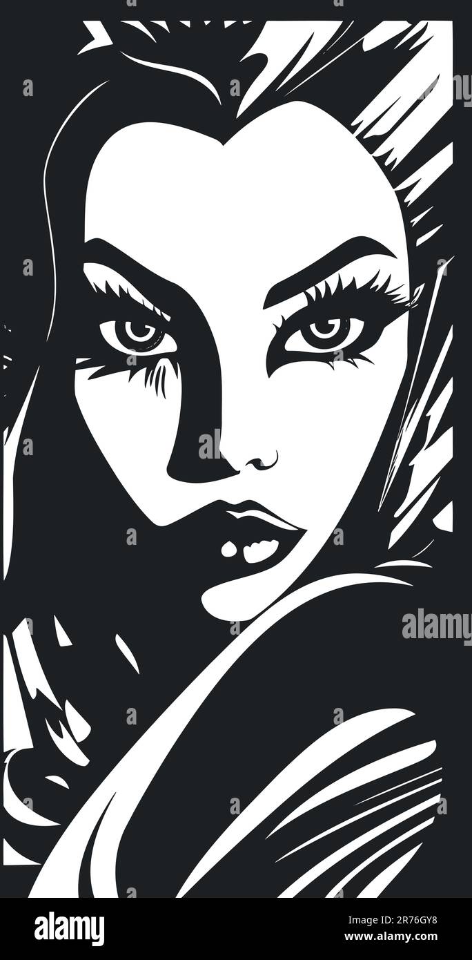 black and white vector illustration of light and shadow of a woman s face Stock Vector