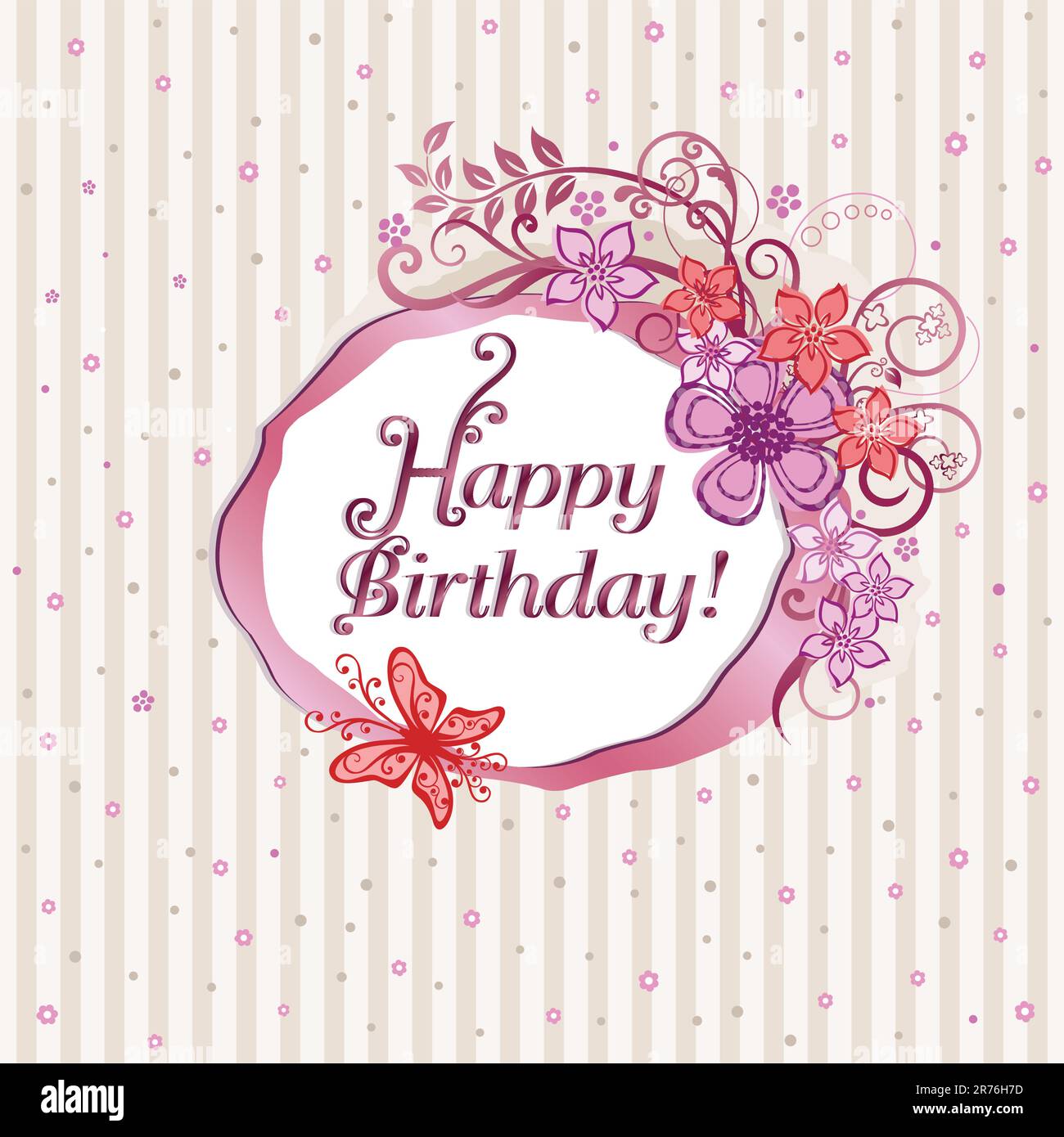 Pink floral happy birthday card. This image is a vector illustration ...